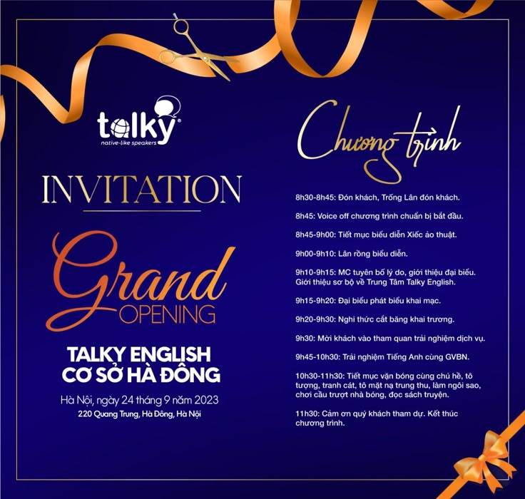 Mẫu thiệp mời sự kiện “Grand opening Talky English cơ sở Hà Đông” của Taiky do Sự kiện Hưng Thịnh thiết kế và in ấn